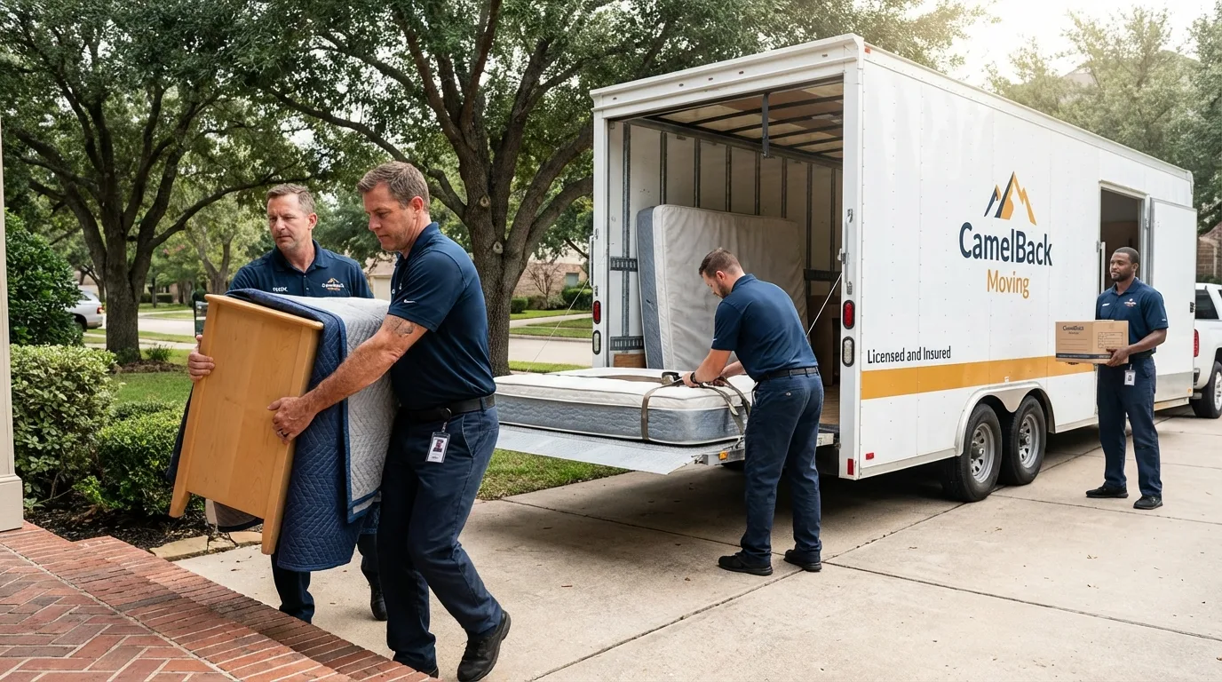 Crew loading residential truck for cross-state move from Lawrence, NY