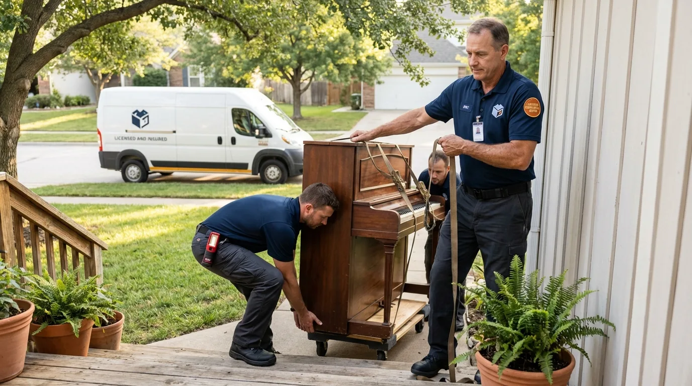 Licensed piano movers securing grand piano in Lawrence, NY