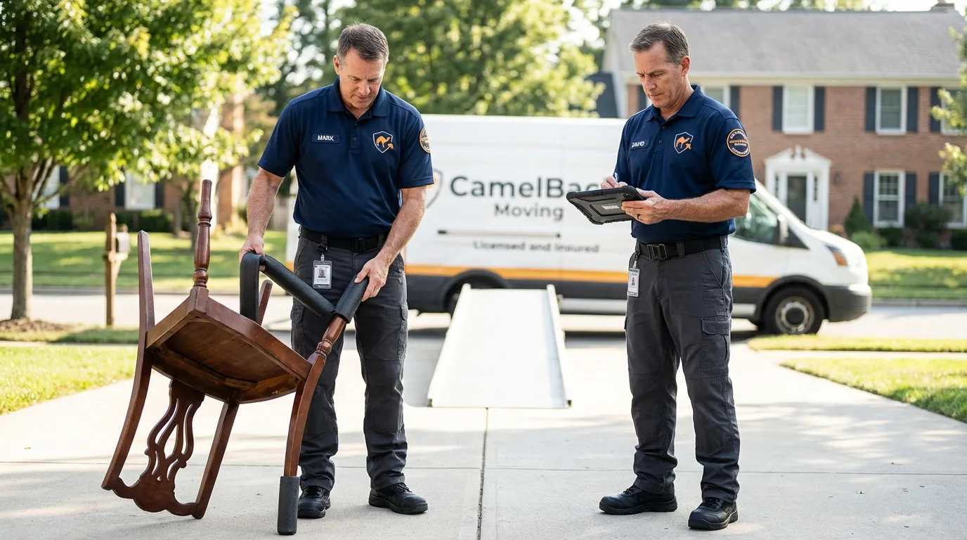 Movers inspecting furniture for damage prevention before loading in Lawrence, NY