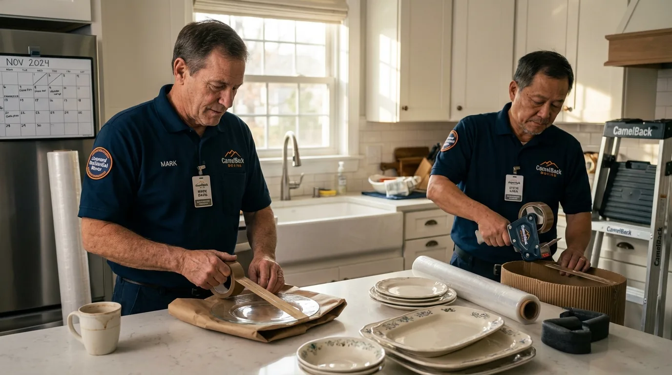 Professional crew packing kitchen dishware in Lawrence, NY